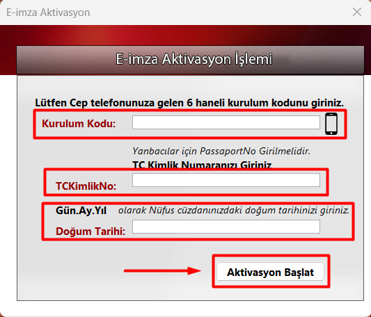 Kurulum kodu ve kimlik bilgileri ekranı