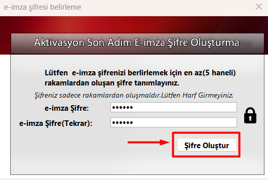 PIN şifresi oluşturma ekranı