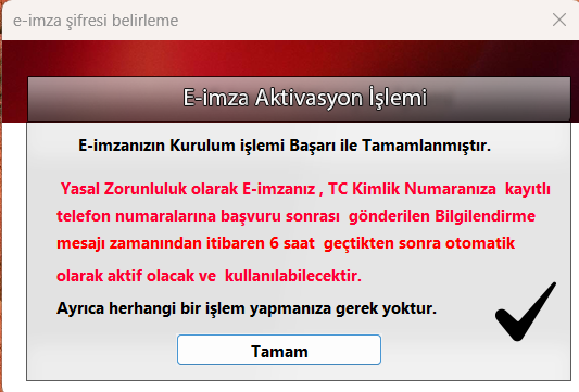 Aktivasyon başarılı mesajı