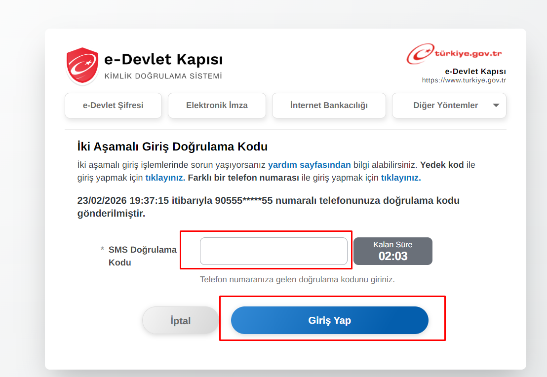 SMS doğrulama kodu ekranı