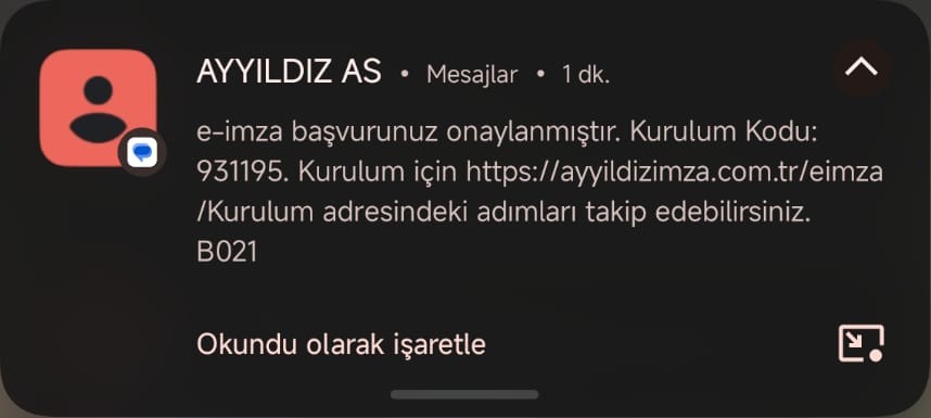 Kurulum kodu SMS örneği